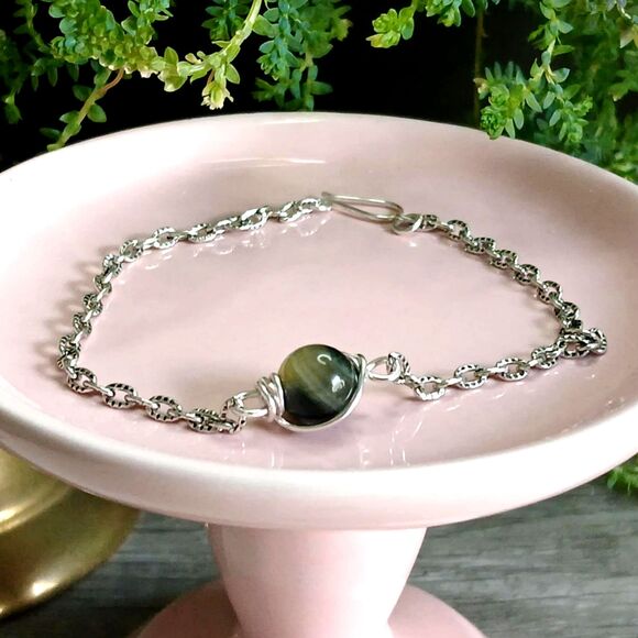 Tigers Eye Crystal Anklet Bracelet, Adjustable Dainty Gemstone Jewelry 9" - Picture 2 of 4